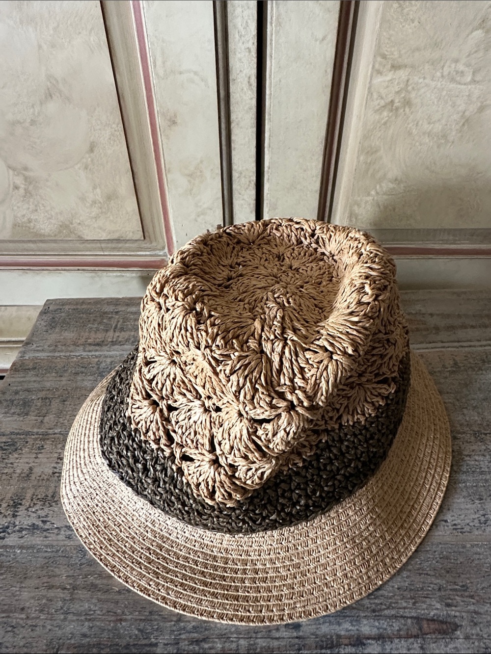 Two-Tone Woven Straw Bucket Hat - Tan and Dark Brown